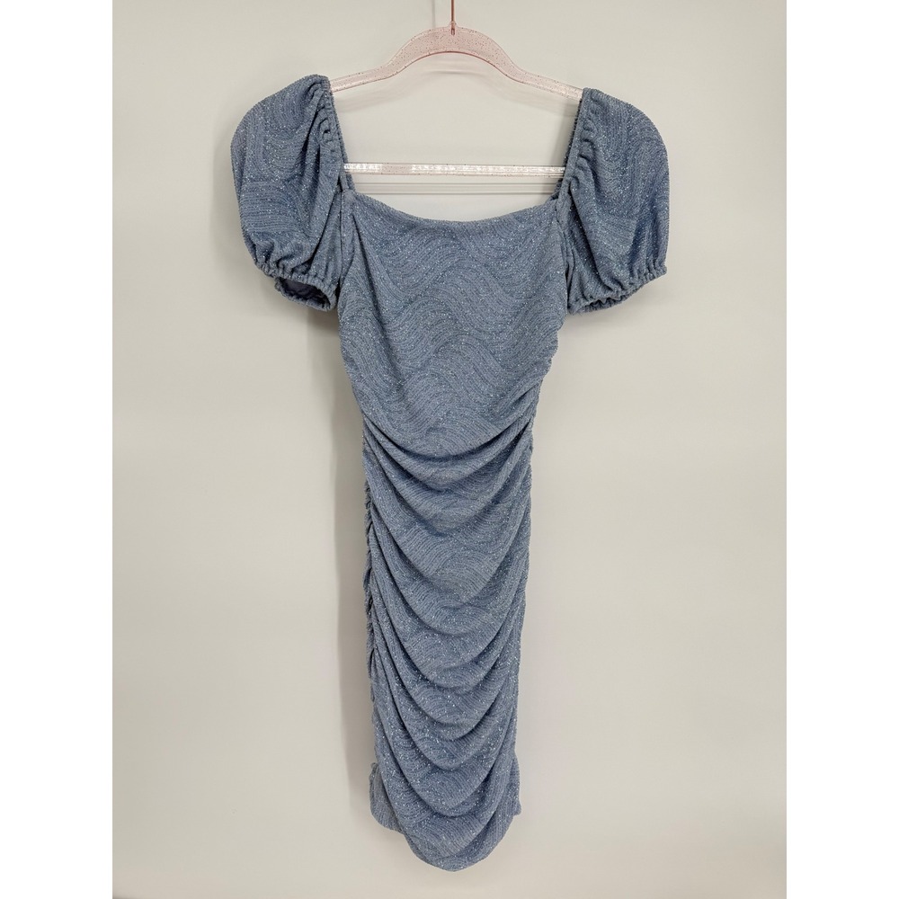 B. DARLIN Ruched Puff Sleeve Square Neck Mini Dress Blue Sparkle‎ Metallic